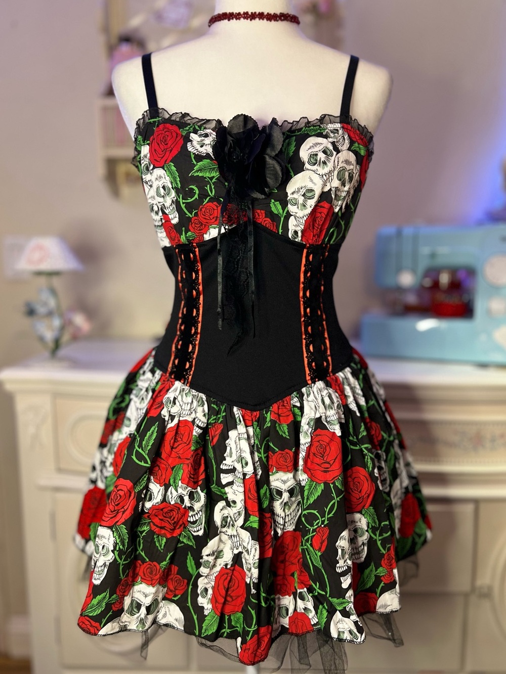 Lip Service Black Mini Dress with Red Roses, White Skulls and Green Leaves